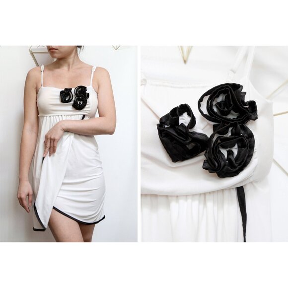 Vintage Y2K Asymmetric Black & White Babydoll Dress Rosette Cluster, XS Romantic - Picture 5 of 8